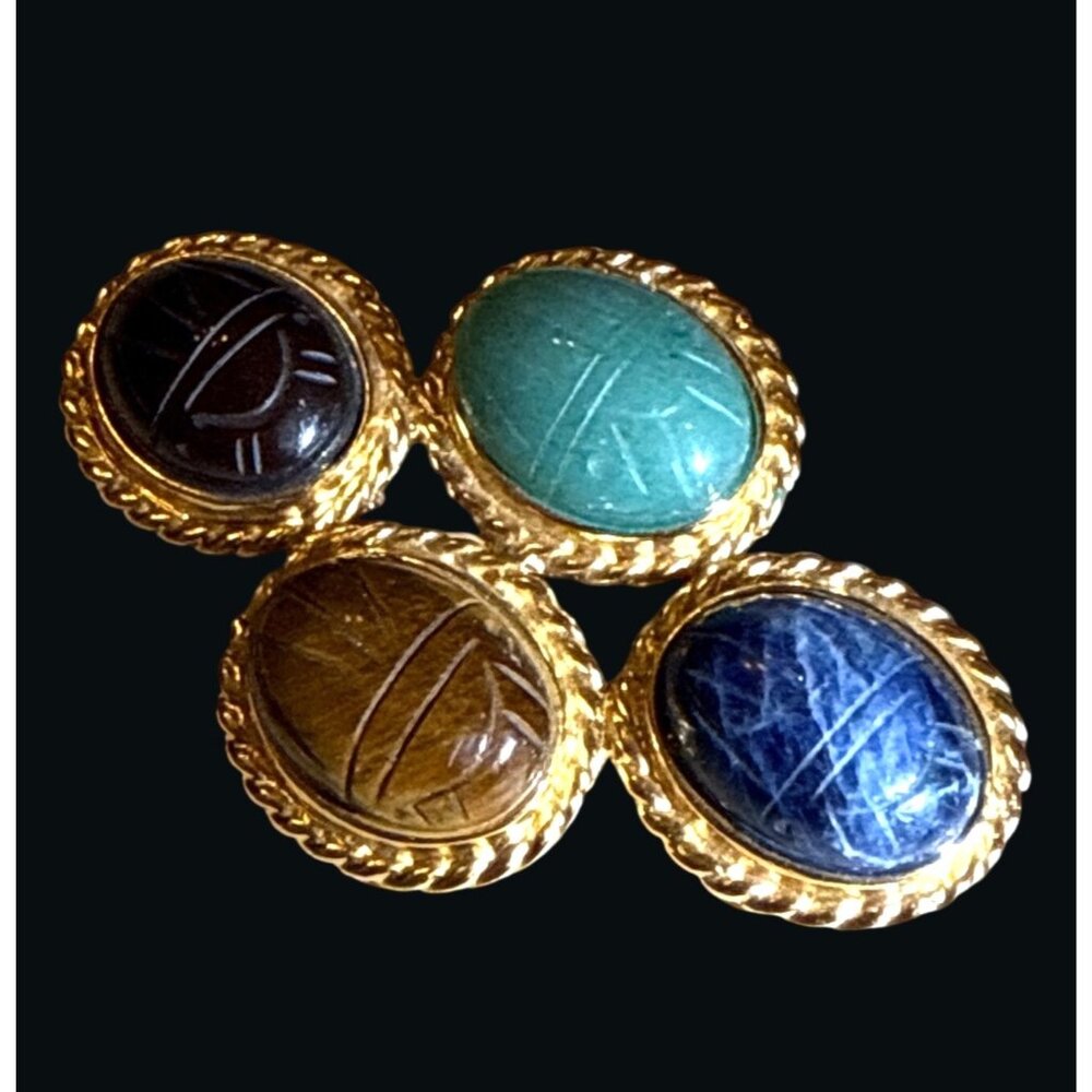 Gold-Tone Scarab Brooch Multicolor Oval Cabochon Stones Egyptian Revival